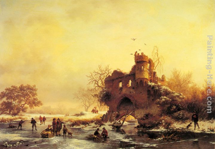 Winter Landscape with Skaters on a Frozen River beside Castle Ruins painting - Frederik Marianus Kruseman Winter Landscape with Skaters on a Frozen River beside Castle Ruins art painting